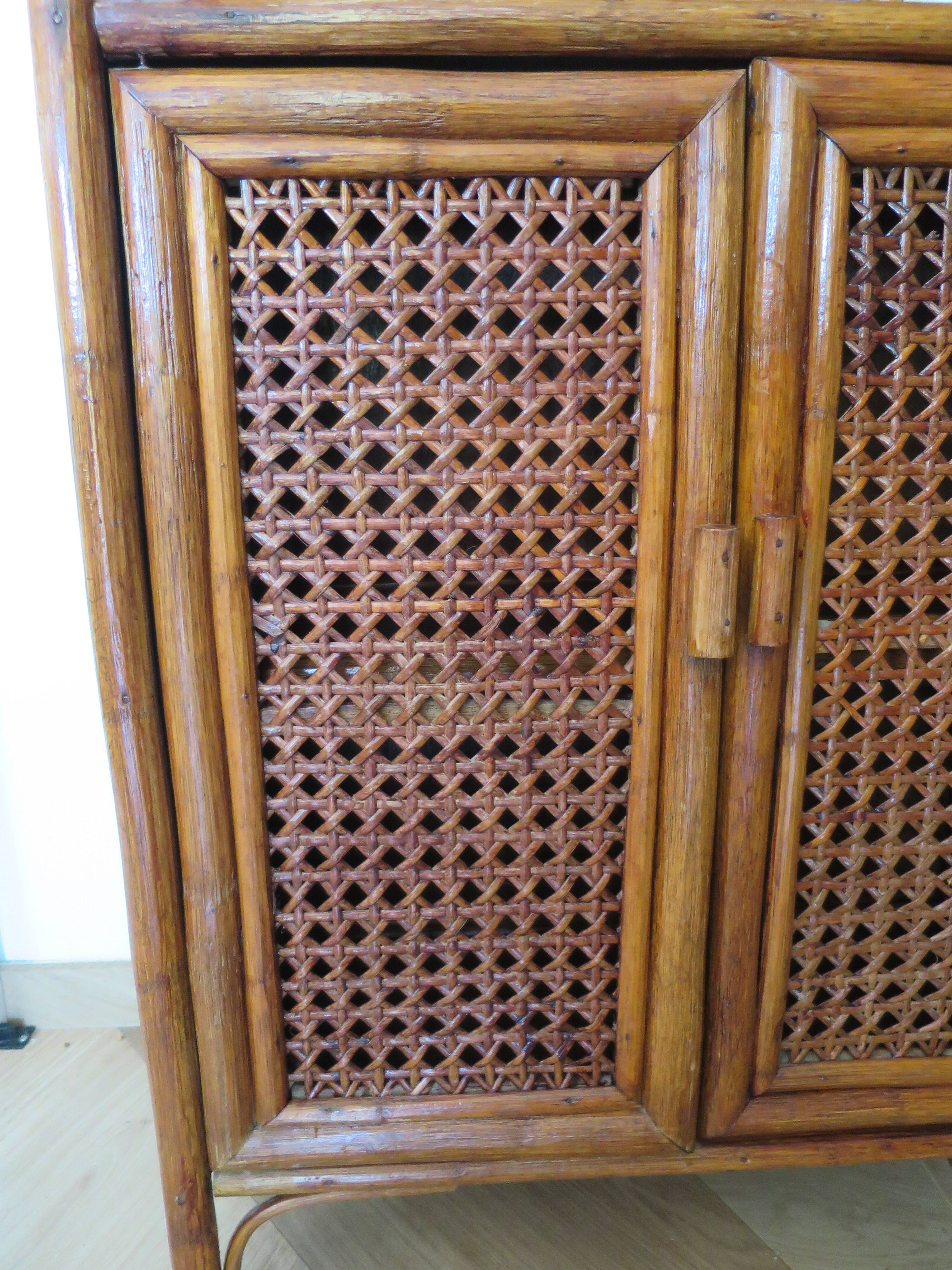 Retro-modernist - Sideboard-bookcase-2 doors-wood-rattan-cane-1960s