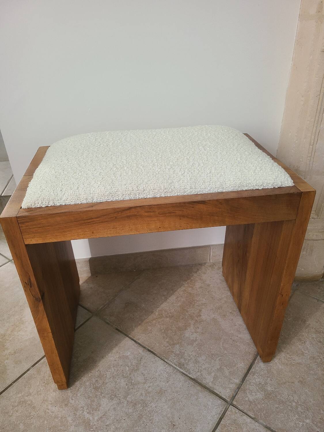 Antique Art Deco piano bench stool rosewood white bouclette fabric