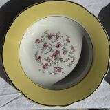 Set of 9 large vintage yellow deep plates with pink flowers and a gold rim.