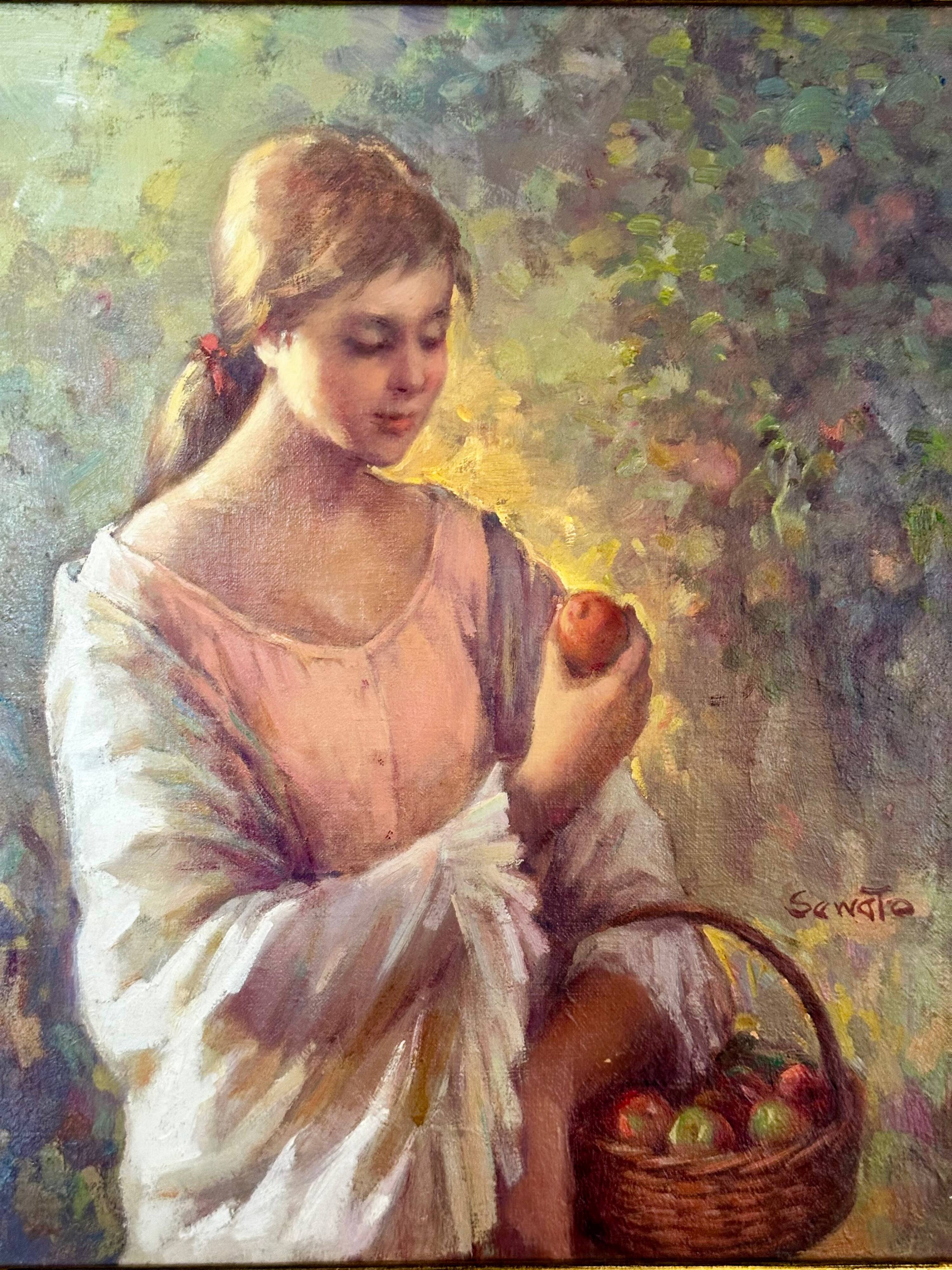 Oil on canvas signed ruggero serrato "young girl with apples"