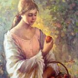 Oil on canvas signed ruggero serrato "young girl with apples"