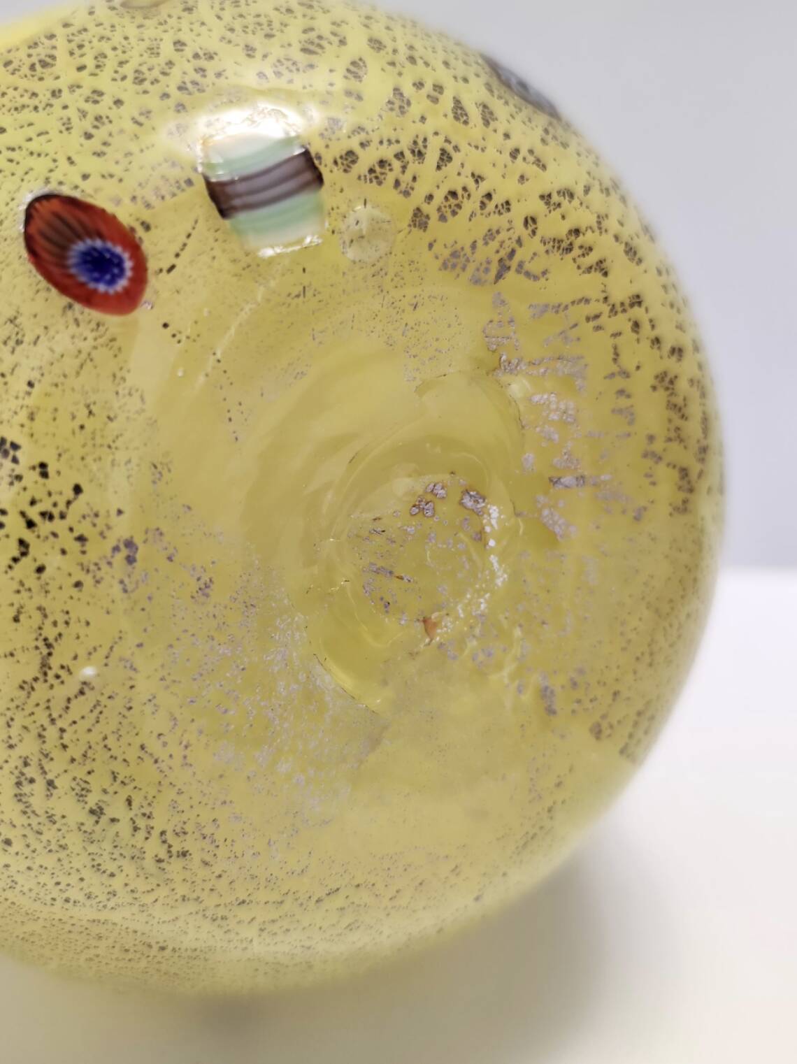 Postmodern Yellow Opaline Hand Blown Glass Jug with Murrines and Silver Flakes