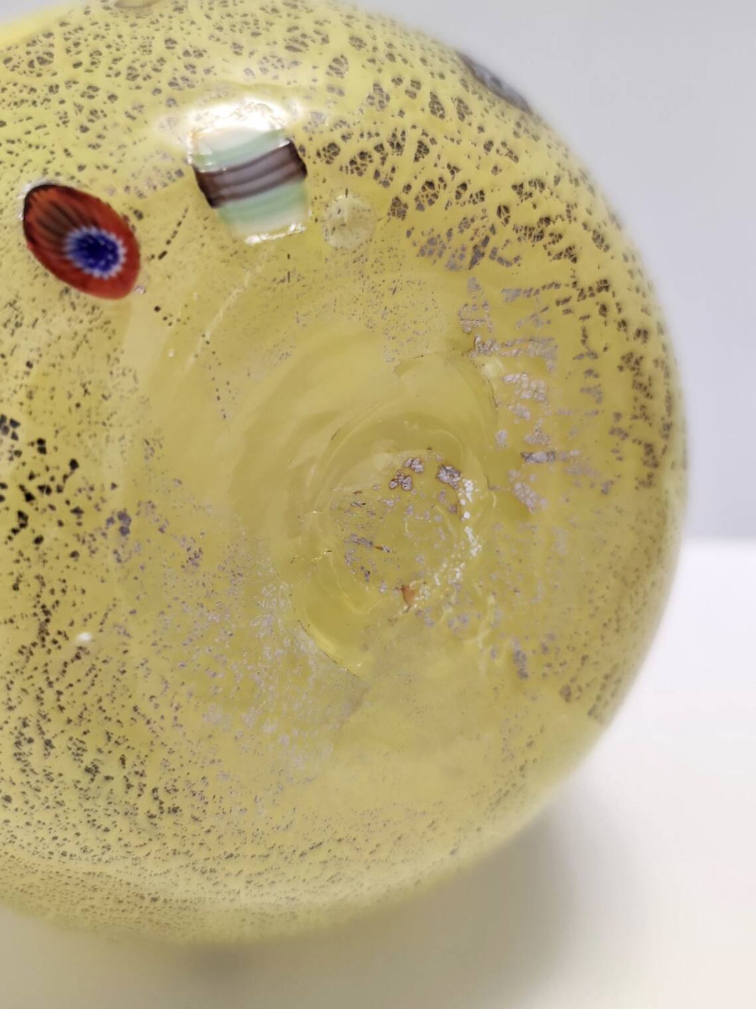 Postmodern Yellow Opaline Hand Blown Glass Jug with Murrines and Silver Flakes