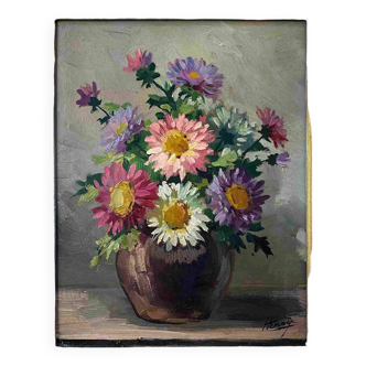 Tableau HSP "Bouquet de fleurs du jardin" signé Henry vers 1950