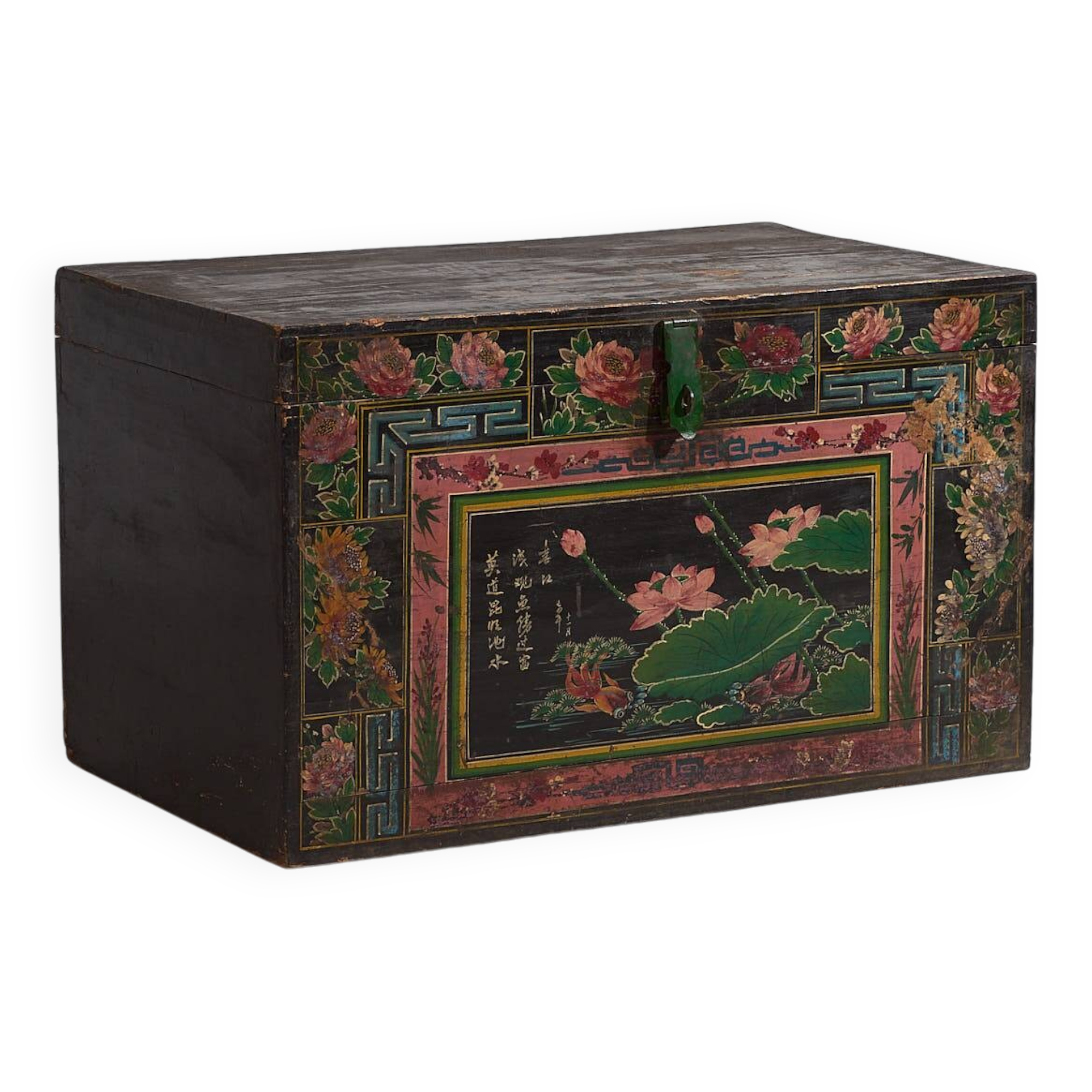 Antique oriental trunk with lotus flower paintings (c.1900)