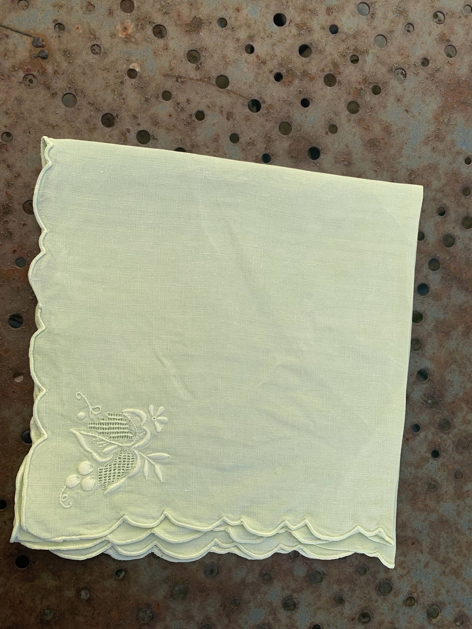 4 small tea towels, mismatched in linen, embroidered, two with flowers and two with fishermen