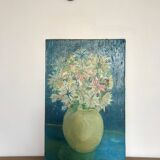 tableau / huile sur toile nature morte bouquet coloré années 50