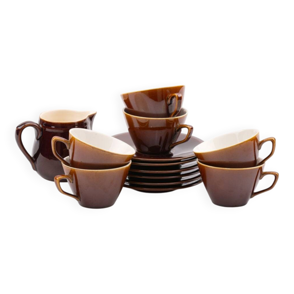Lot de 6 tasses et soucoupes Villeroy & Boch - Modèle Bistro - Marron et blanc - Années 60
