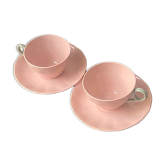 2 tea cups + saucers peach metal 1940