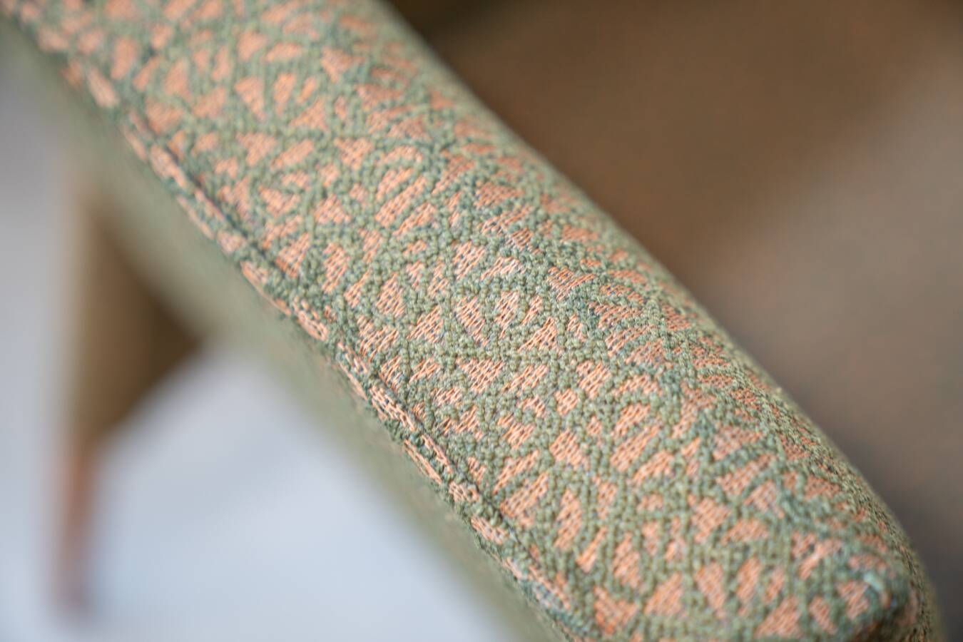 Pair of vintage armchairs in oak and embossed fabric, with old republished certificate of authenticity