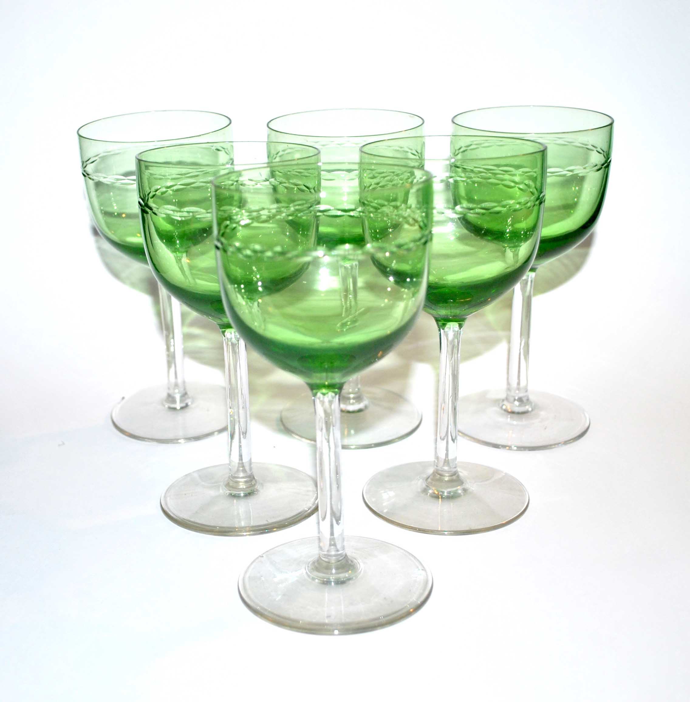 Series of 6 foot glasses in ancient green uranium glass