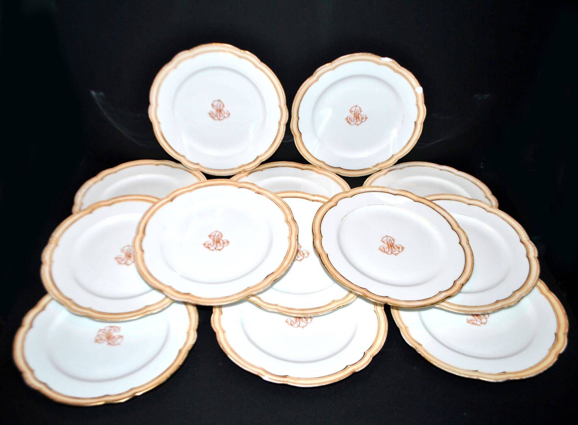 Paris porcelain set of 12 plates, dish and sauce boat, antique tableware with monogram BA.