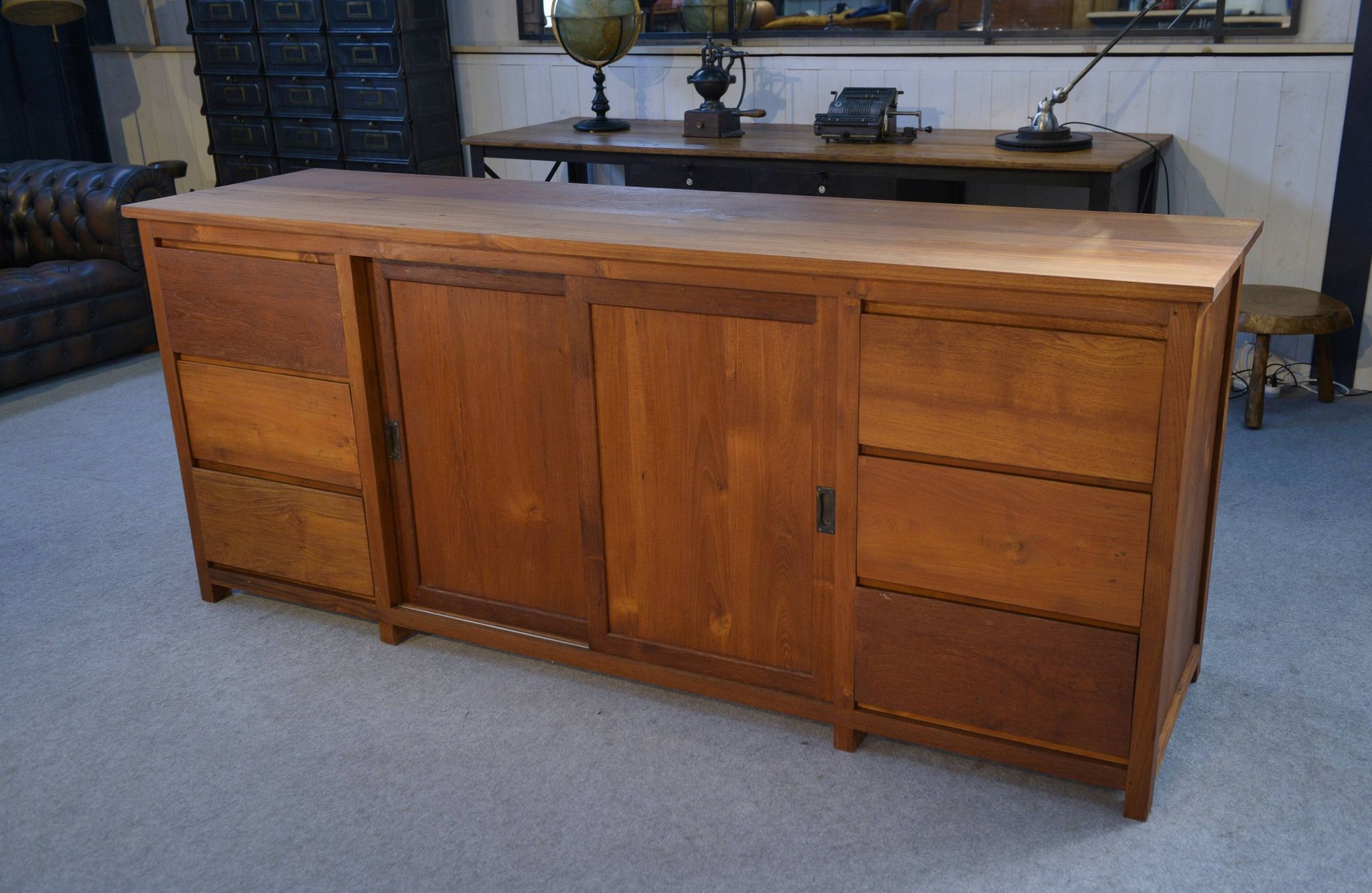 Large teak sideboard with 6 drawers and 2 sliding doors