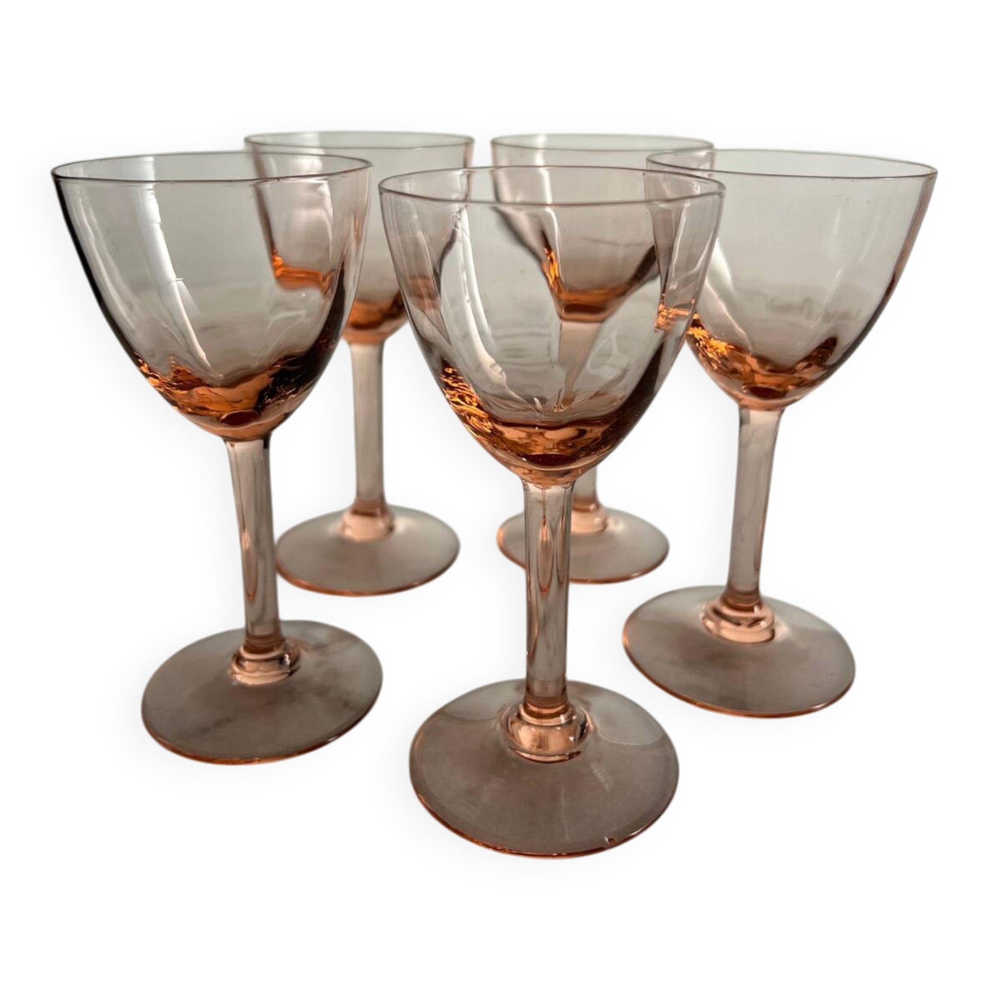 5 small pink glass stemmed glasses