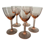 5 small pink glass stemmed glasses