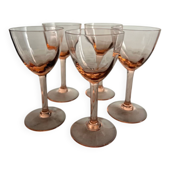 5 small pink glass stemmed glasses