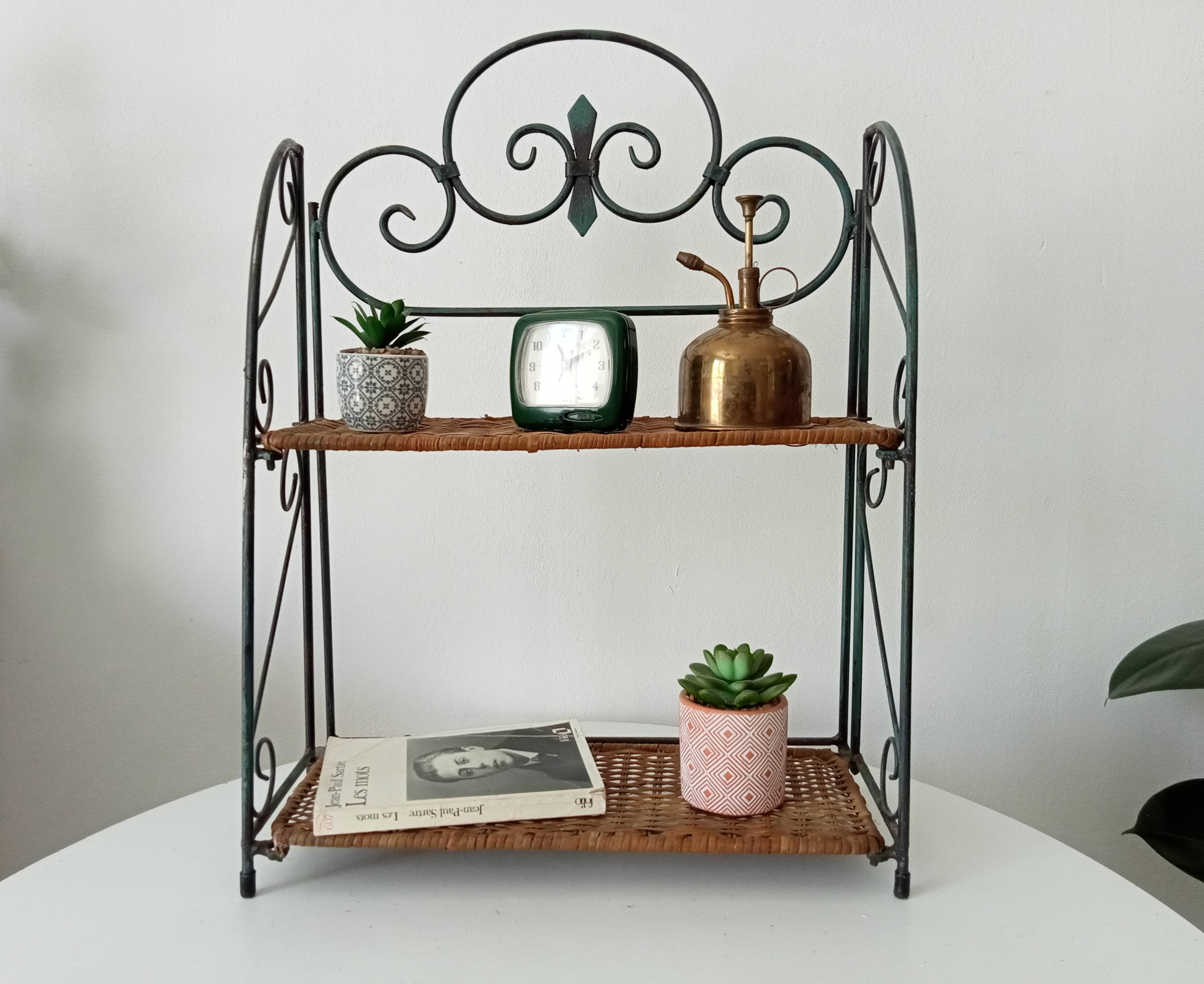 Vintage wall or table shelf in wrought iron and rattan