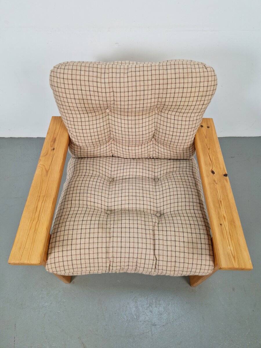 Vintage Brutalist Armchair in Pine and Fabric, 1970s
