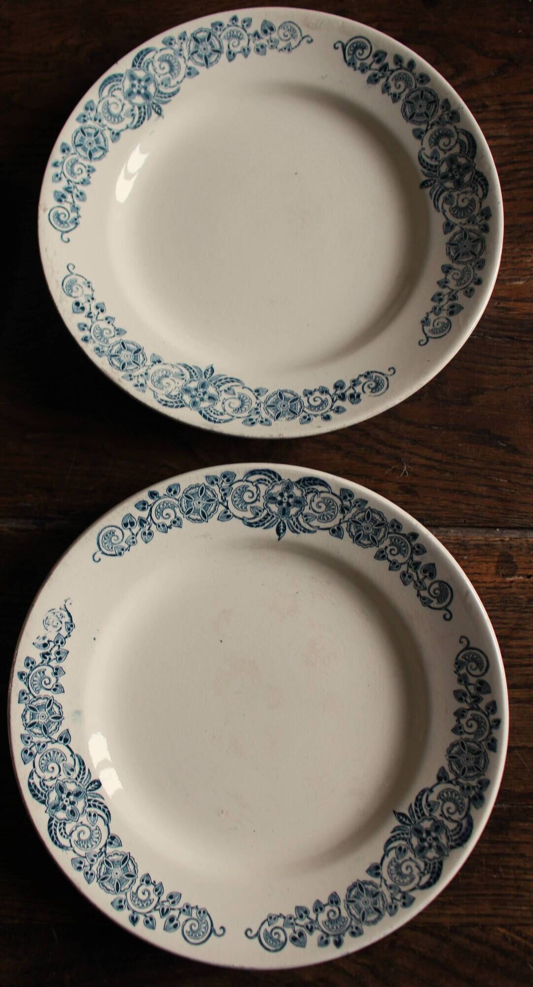 6 mismatched flat plates Terre de fer bleu Alésia Marcel Longchamp