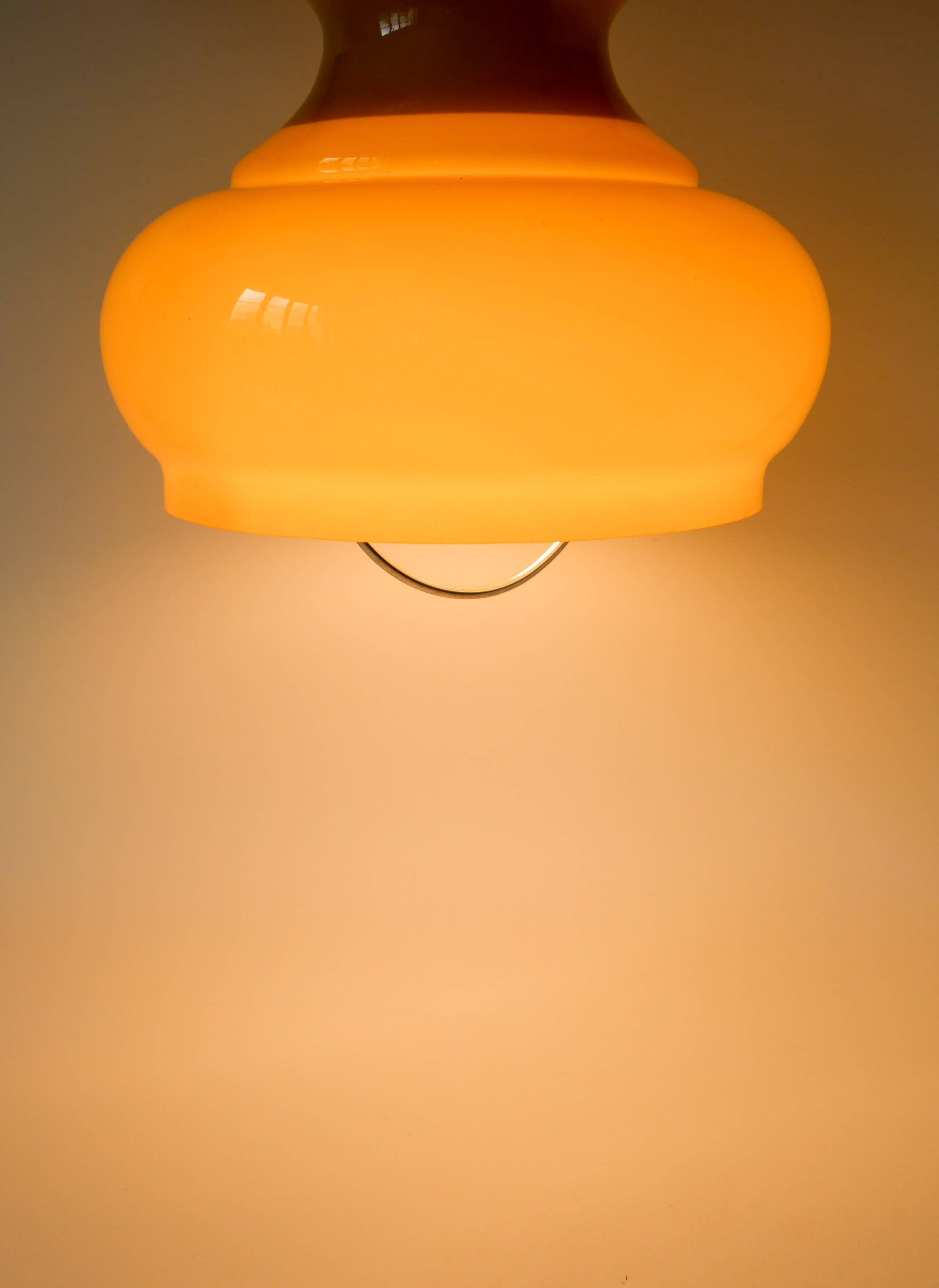 Yellow opaline pendant light with metal arc, Design, 1970