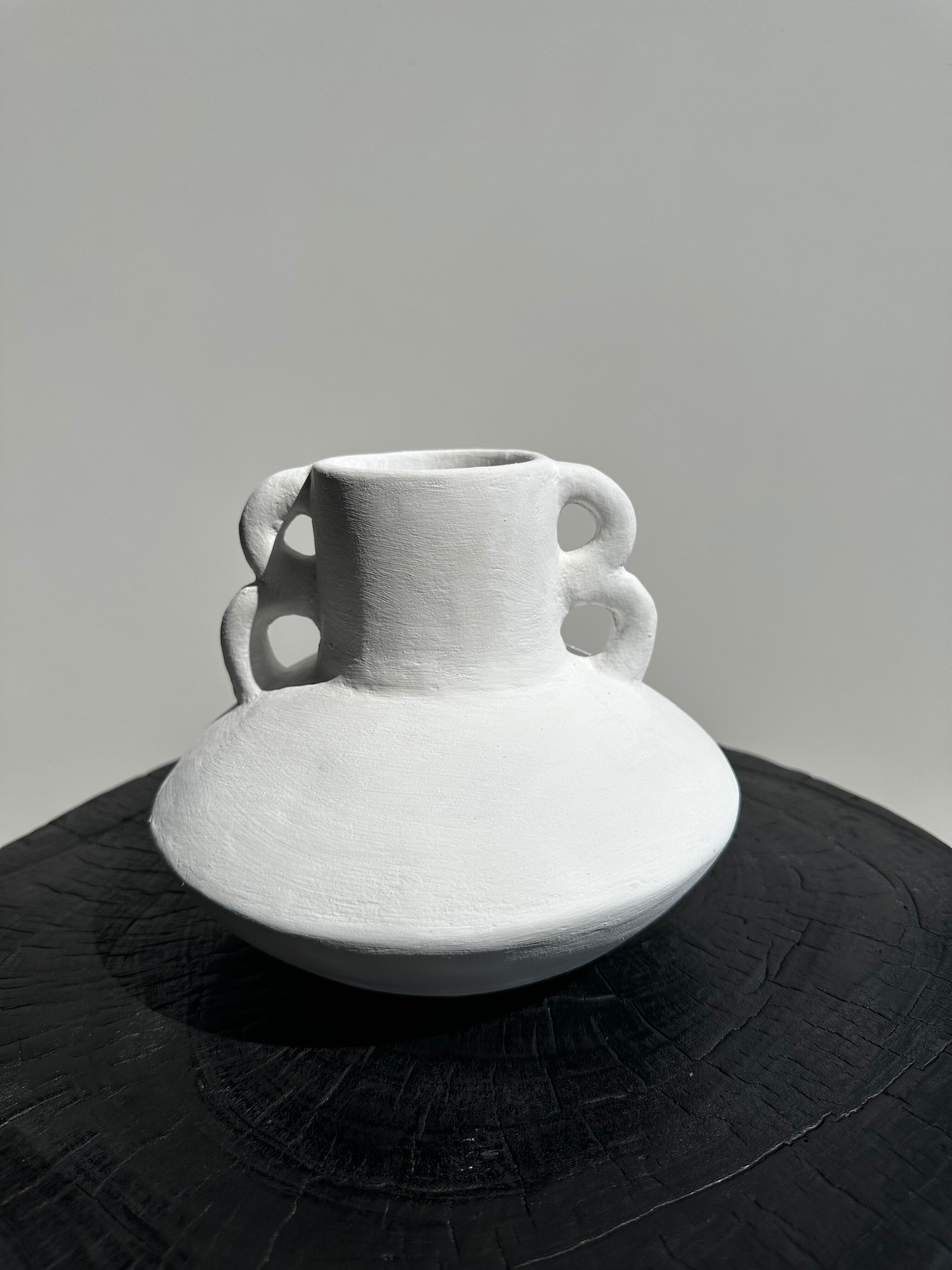 Handmade terracotta vase painted white with double handles H:16 D:20