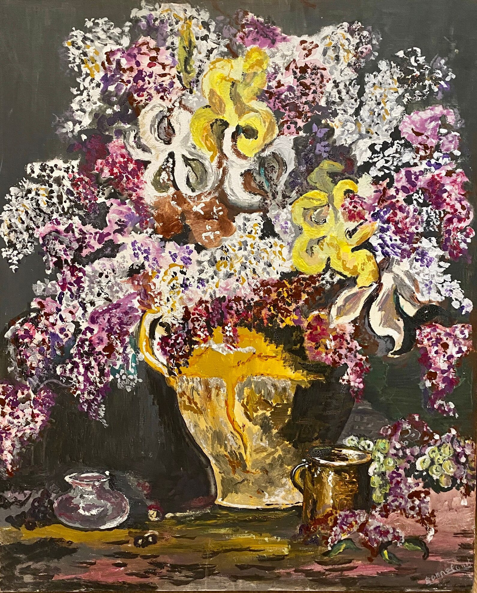 Ancient painting, still life with lilas and iris signed Bonnefond 70s