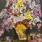 Ancient painting, still life with lilas and iris signed Bonnefond 70s