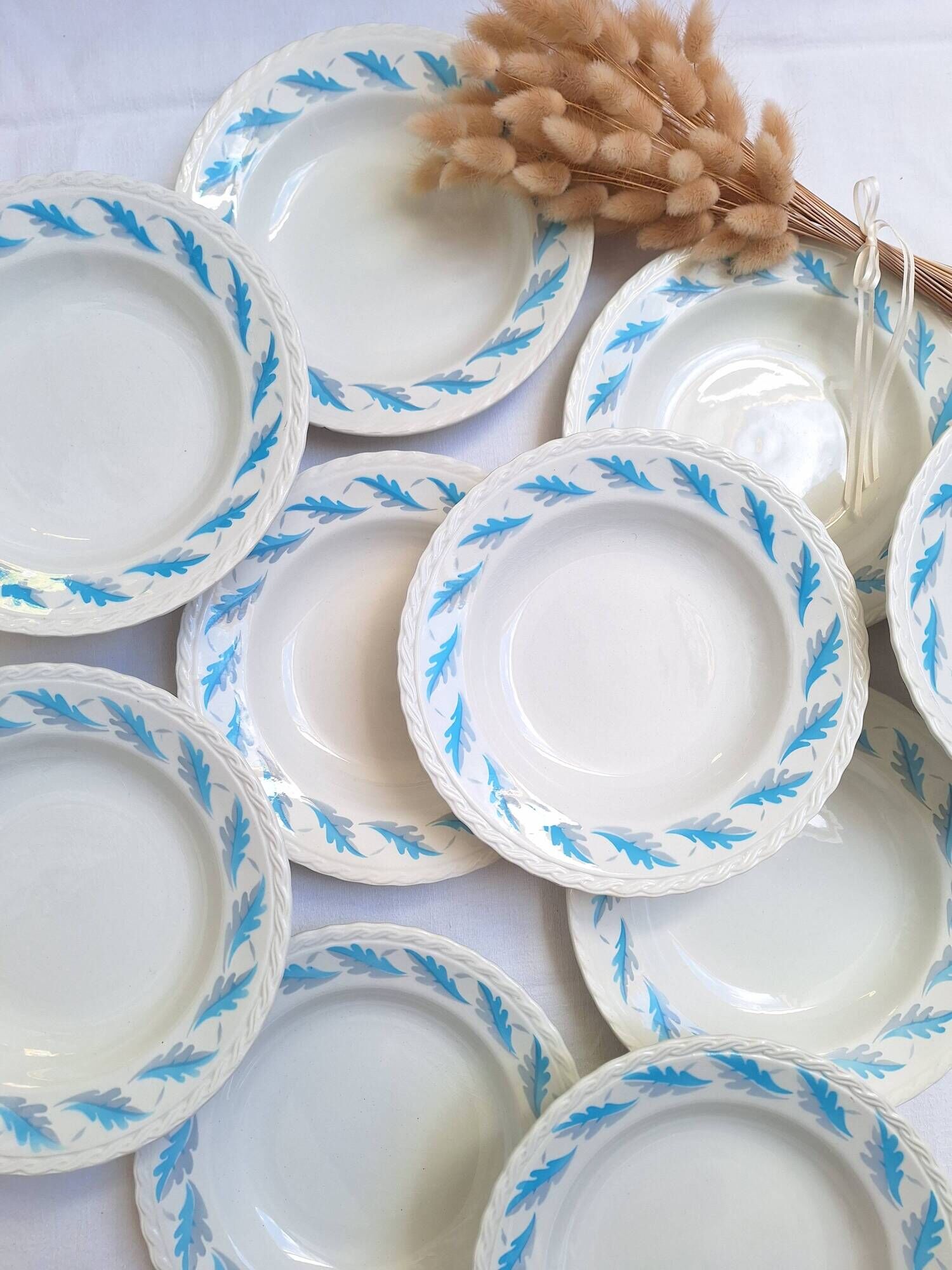 Deep plates in the Amandinoise style, blue oak leaves.