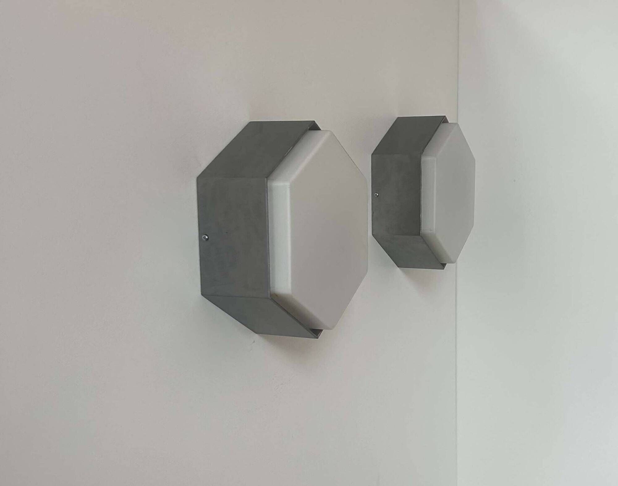 Pair of vintage opaline and metal wall lights, Raak Holland 1970