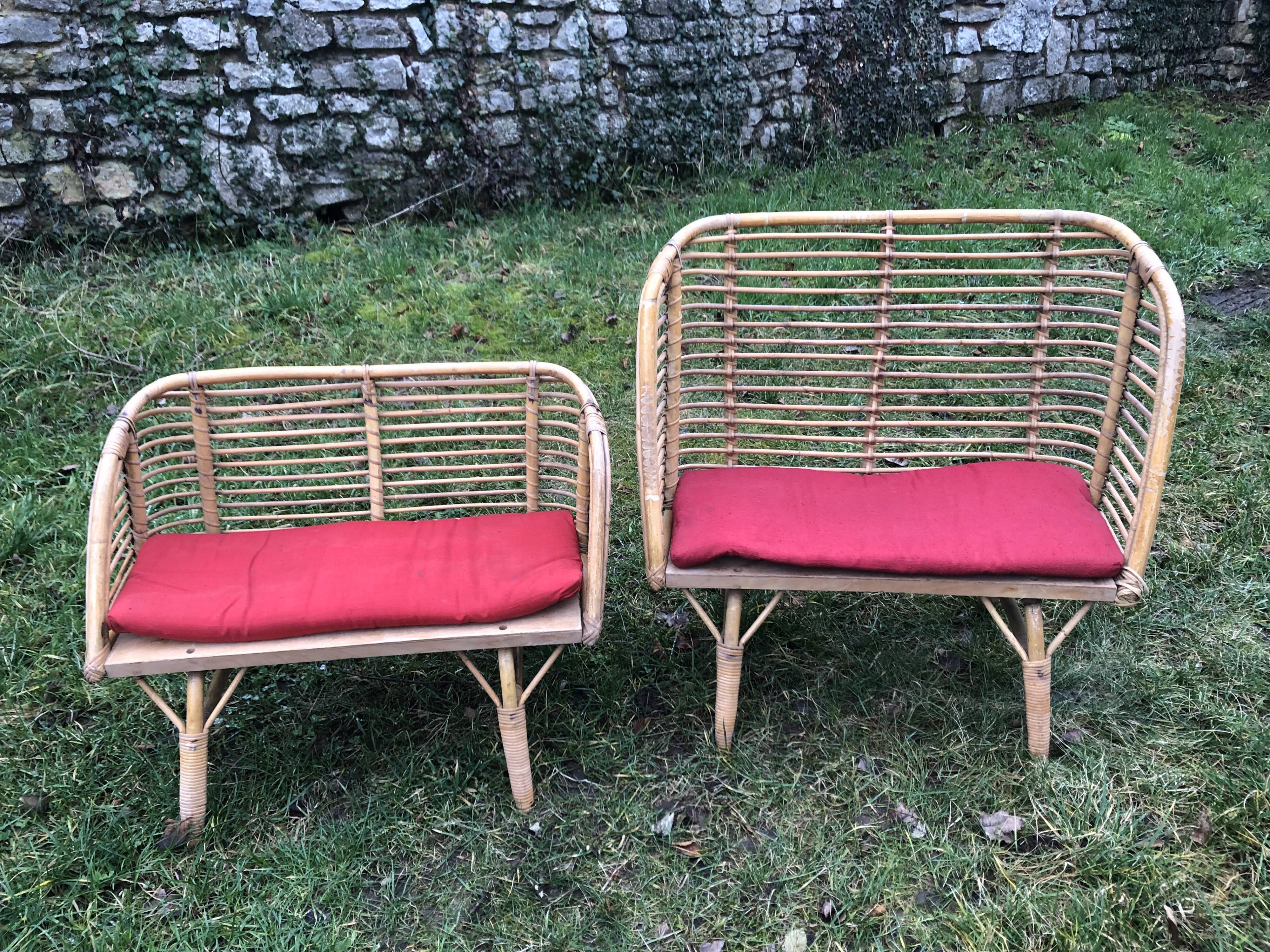 Bamboo rattan benches for kids vintage 60s