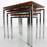 White Nesting Table Set with chrome frame and wood detail, 1970s