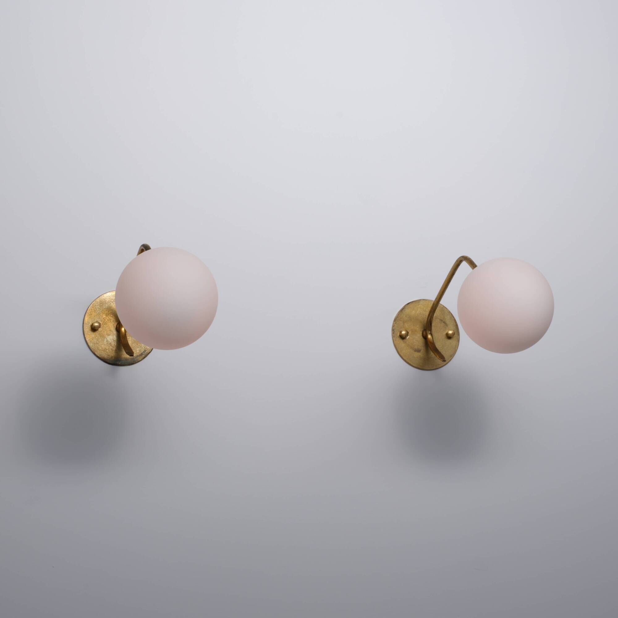 Pair of 1950s Italian Brass Sconces with Opaline Glass Globes