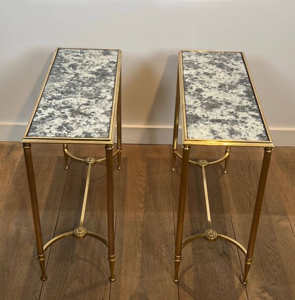 Paire de bouts de canapé en laiton et miroirs antiques de la maison Baguès
