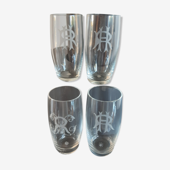 Ensemble de 4 verres à eau gravé à la main monogramme, années 50