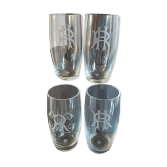 Set of 4 water glasses hand engraved monogram, 50s
