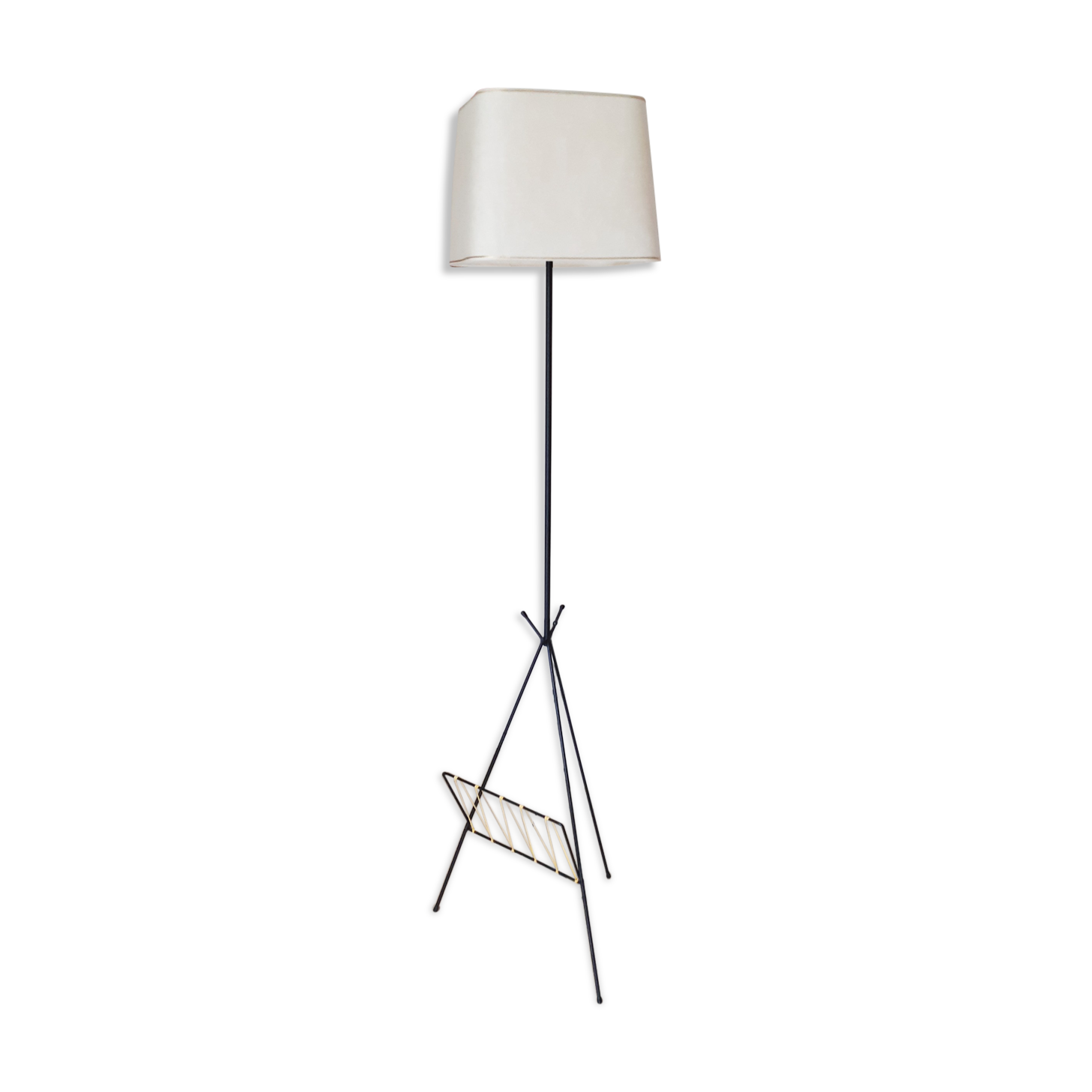 Black tripod floor lamp, magazine holder with scoubidou , vintage , 50s