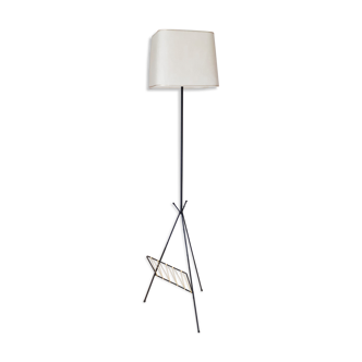 Black tripod floor lamp, magazine holder with scoubidou , vintage , 50s