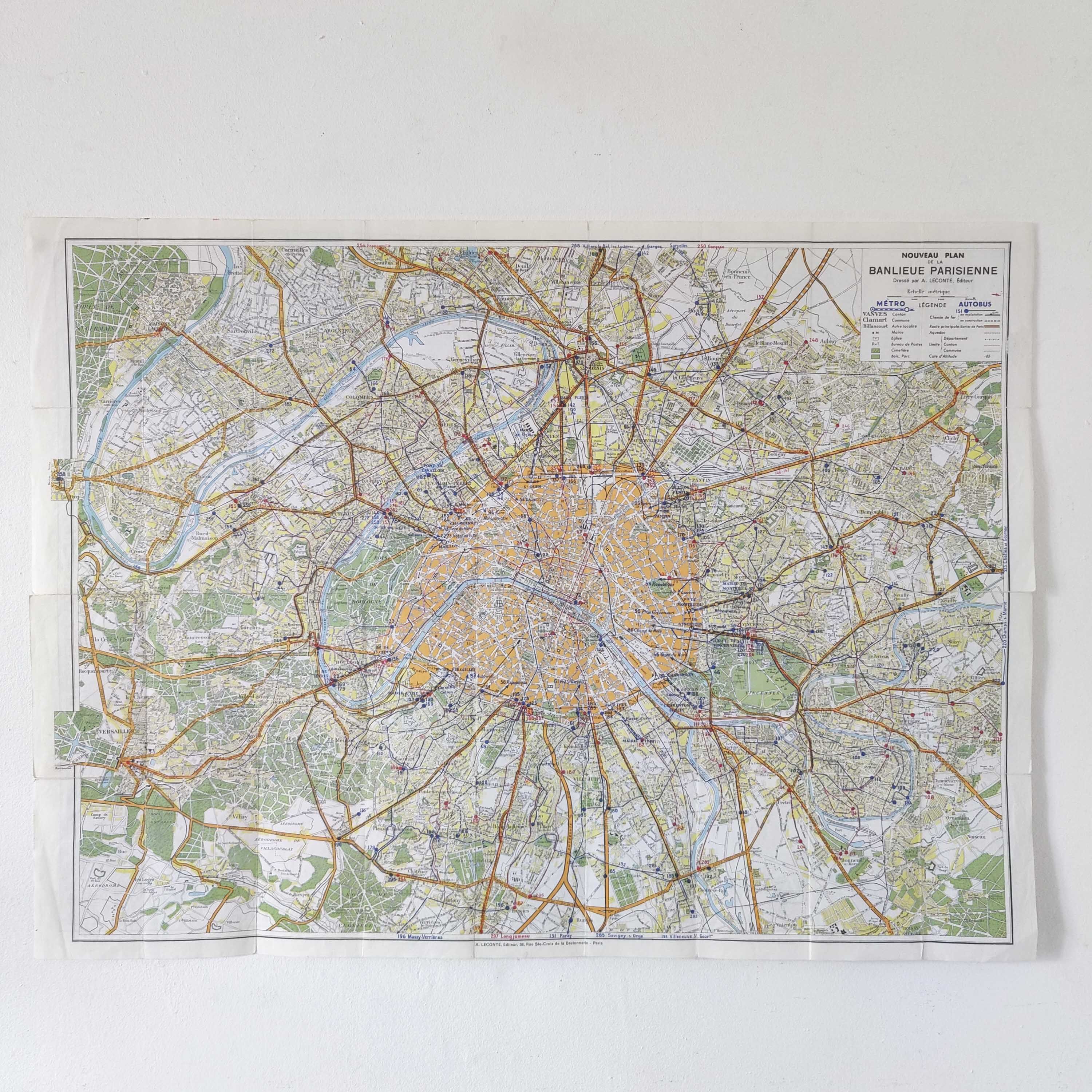 Vintage map 1970 Paris and its suburbs 75x55cm duplex