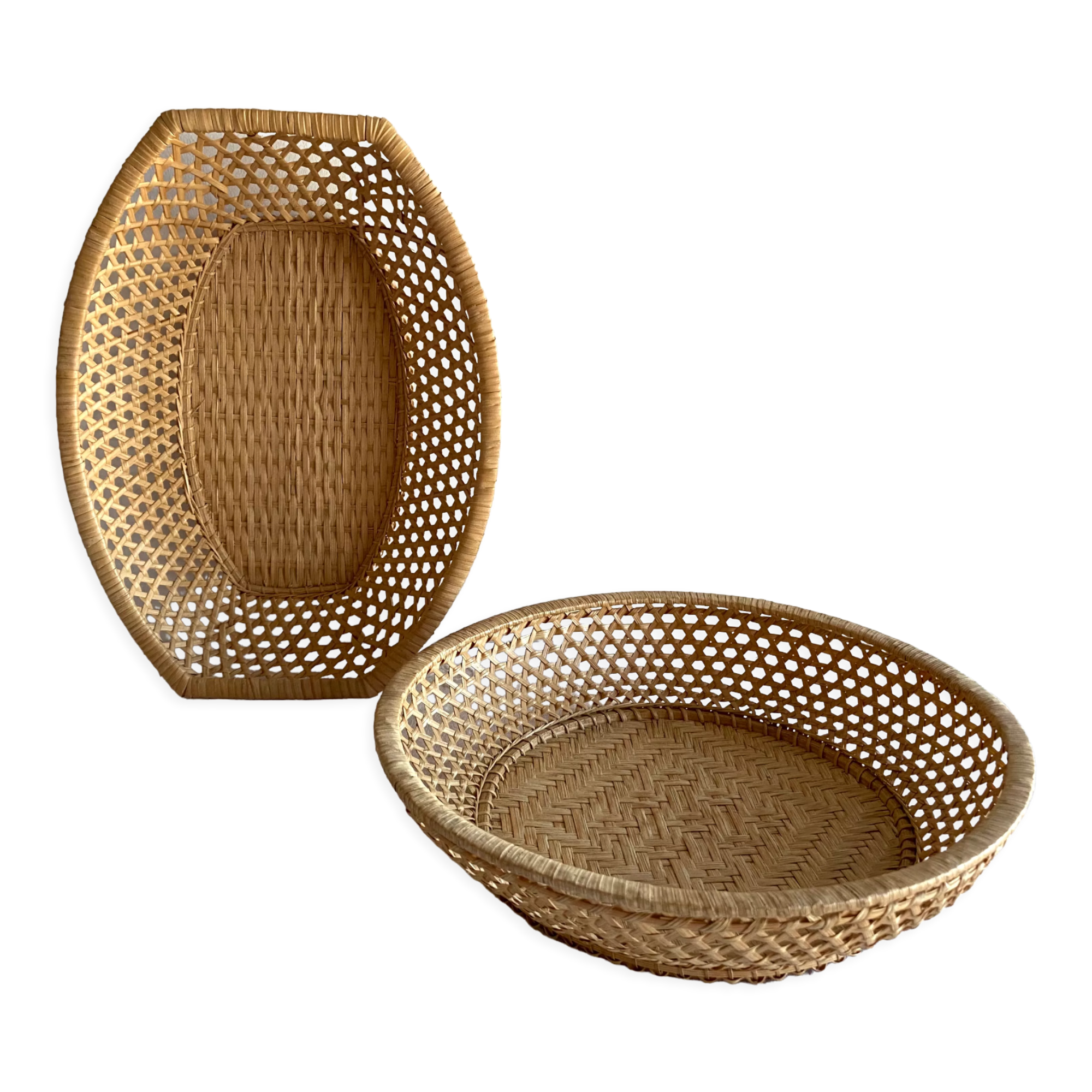 Pair of vintage braided rattan baskets