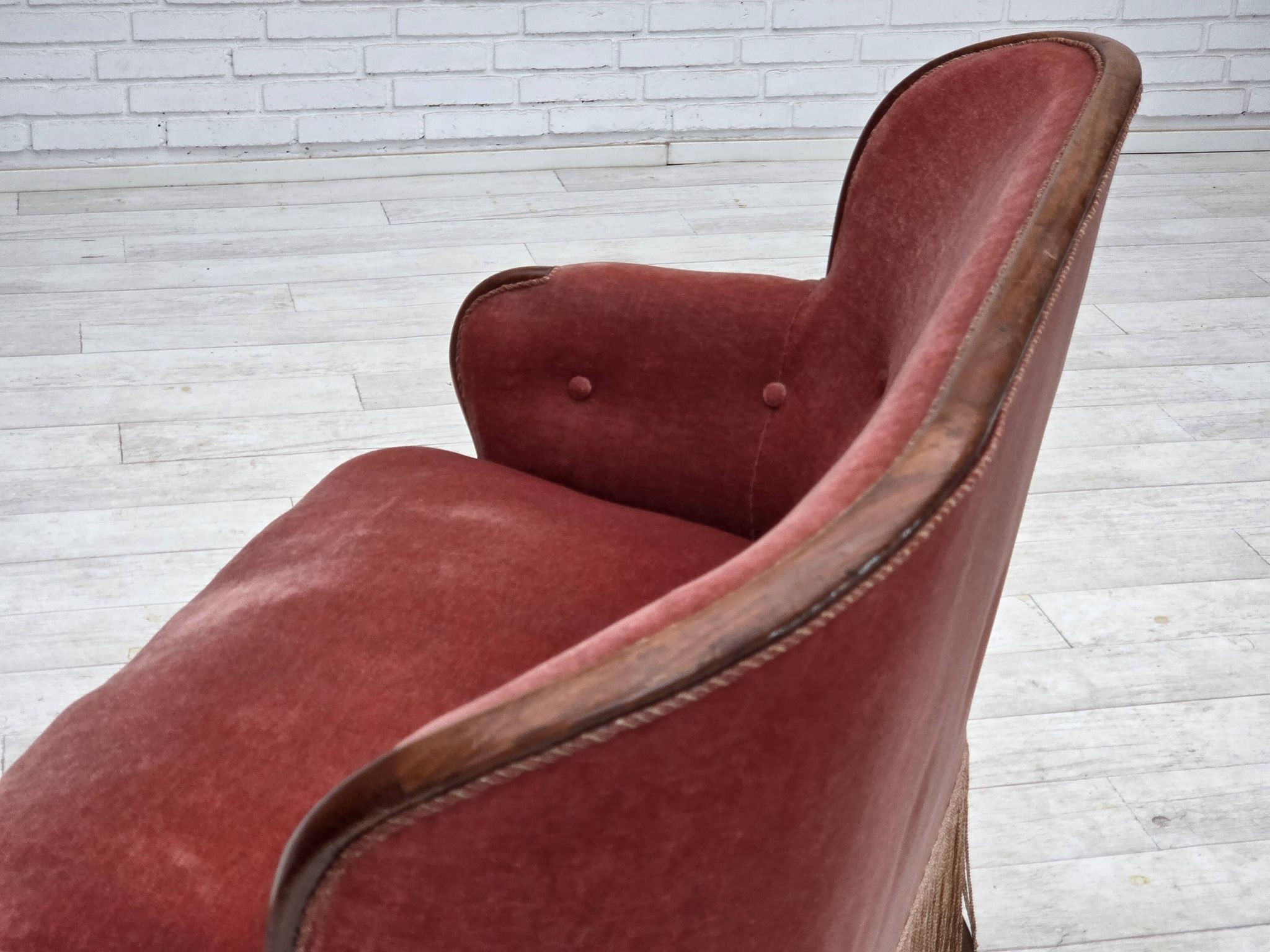 1930s, Danish 2-seater sofa, salmon pink furniture velour, ash wood.