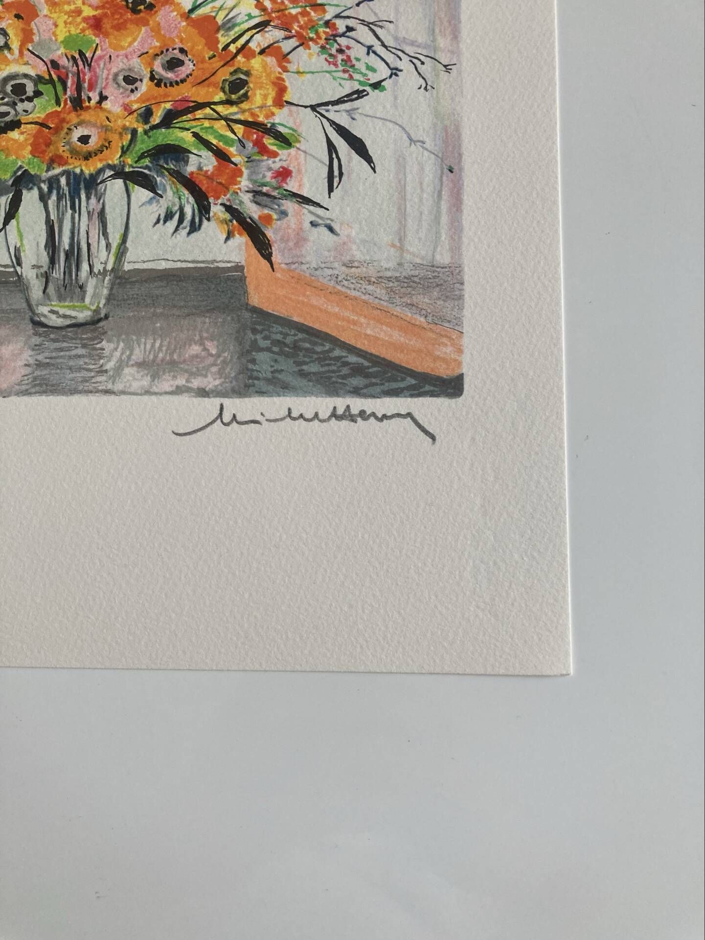 Lithographie signée Michel Henry - Bouquet à la fenêtre