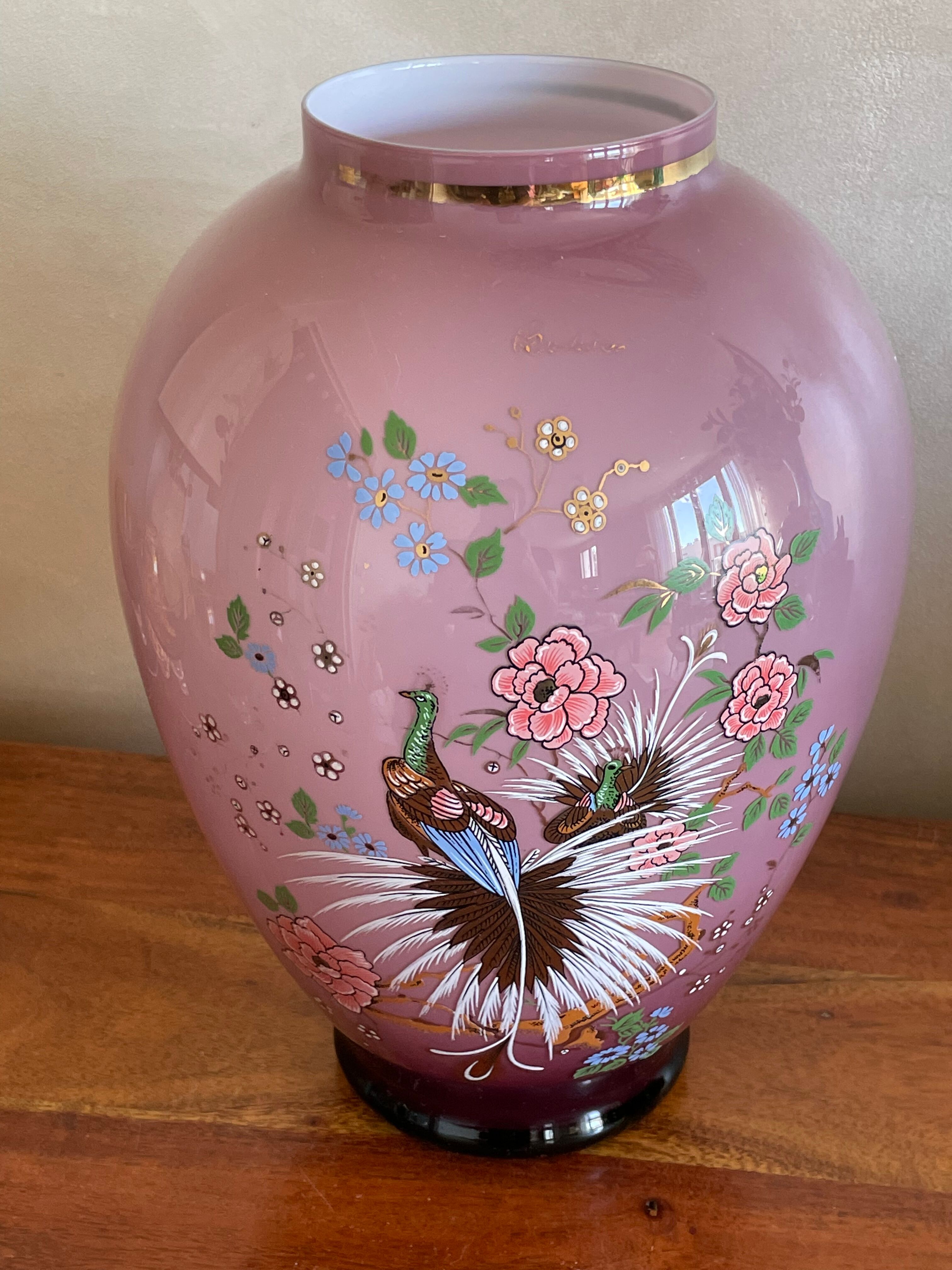 Opaline vase peacock decoration