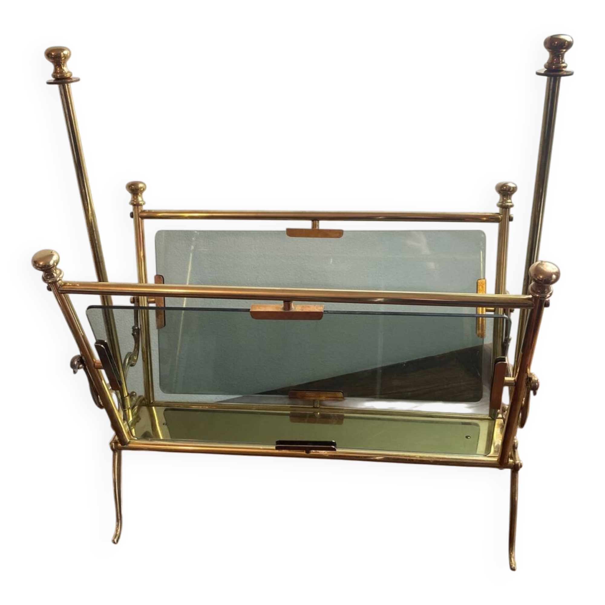 Brass magazine rack and blue-tinted glasses, 1950s.