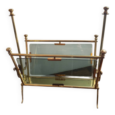 Porte-revues laiton et verres bleutés, années 50