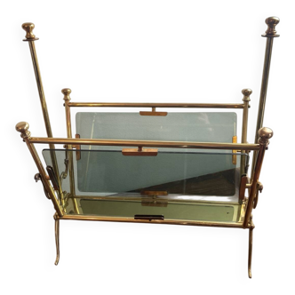 Brass magazine rack and blue-tinted glasses, 1950s.