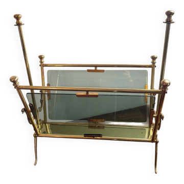 Brass magazine rack and blue-tinted glasses, 1950s.