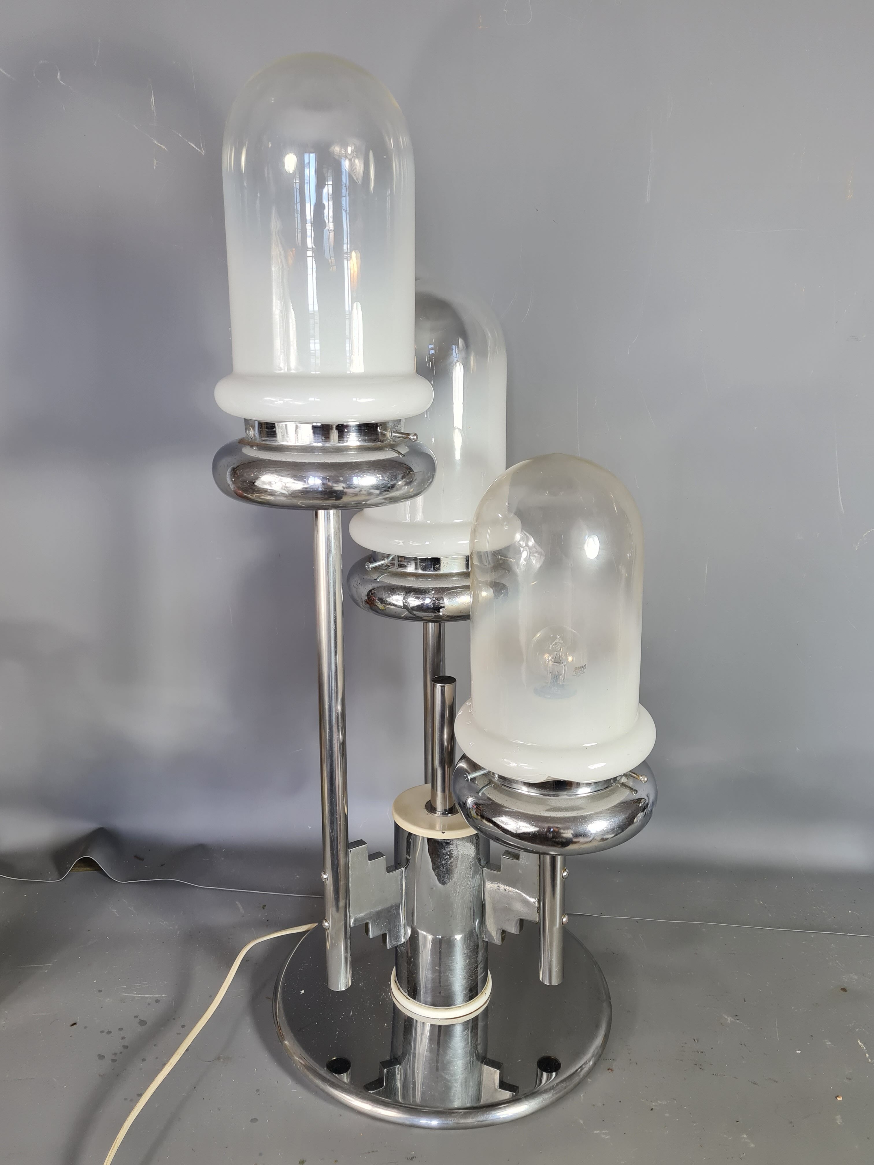 Chrome metal lamp and glassware Mazzega vintage 50s with Art-Deco connotation. H: 71 cm.