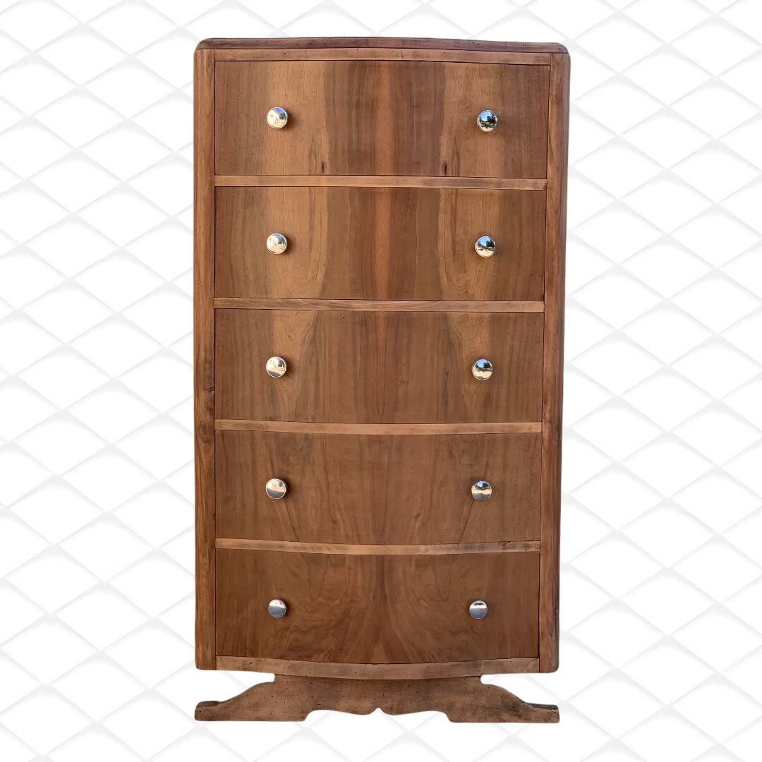 High art deco chest of drawers with mustache feet in raw walnut, 1930s