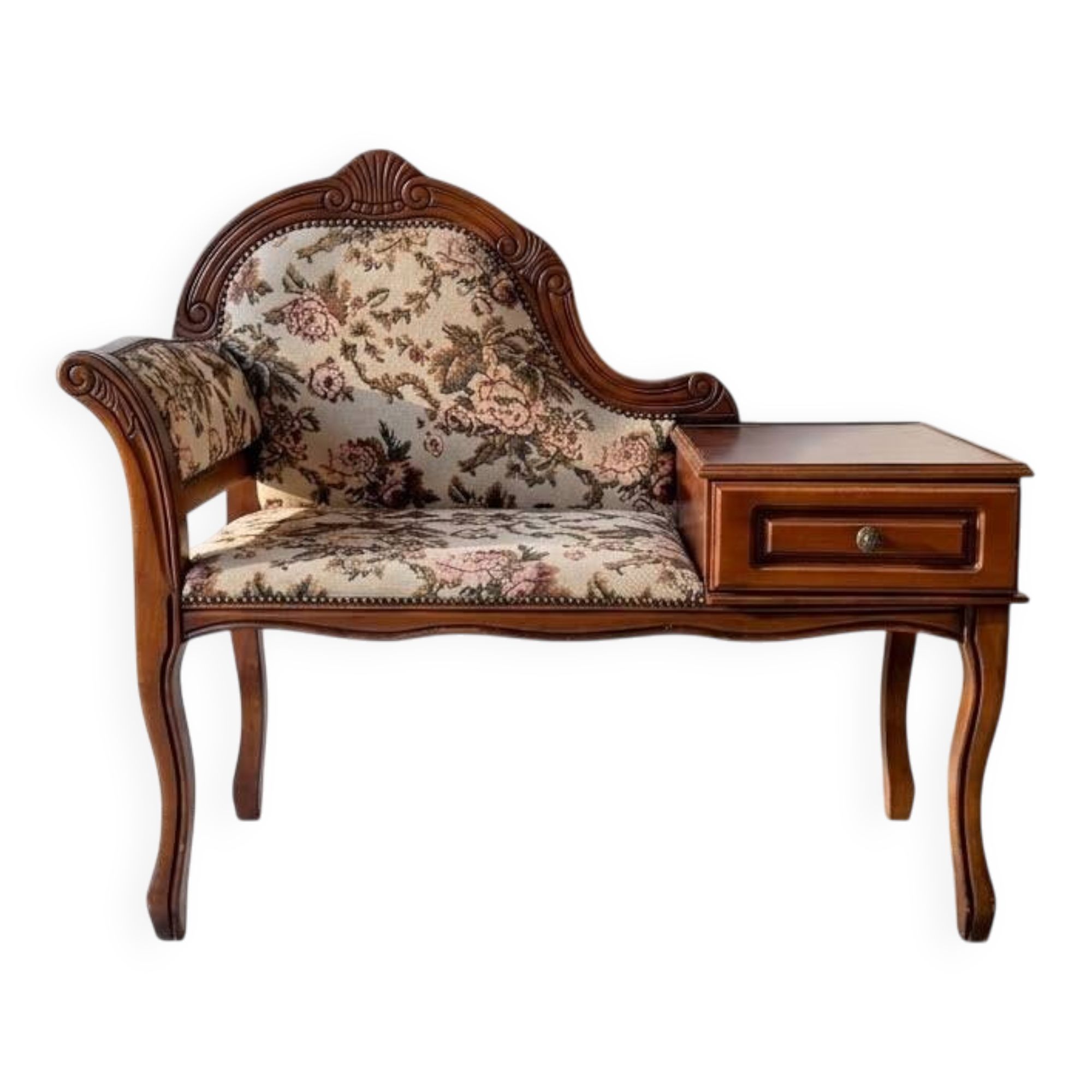 Antique wooden telephone bench in dark brown.