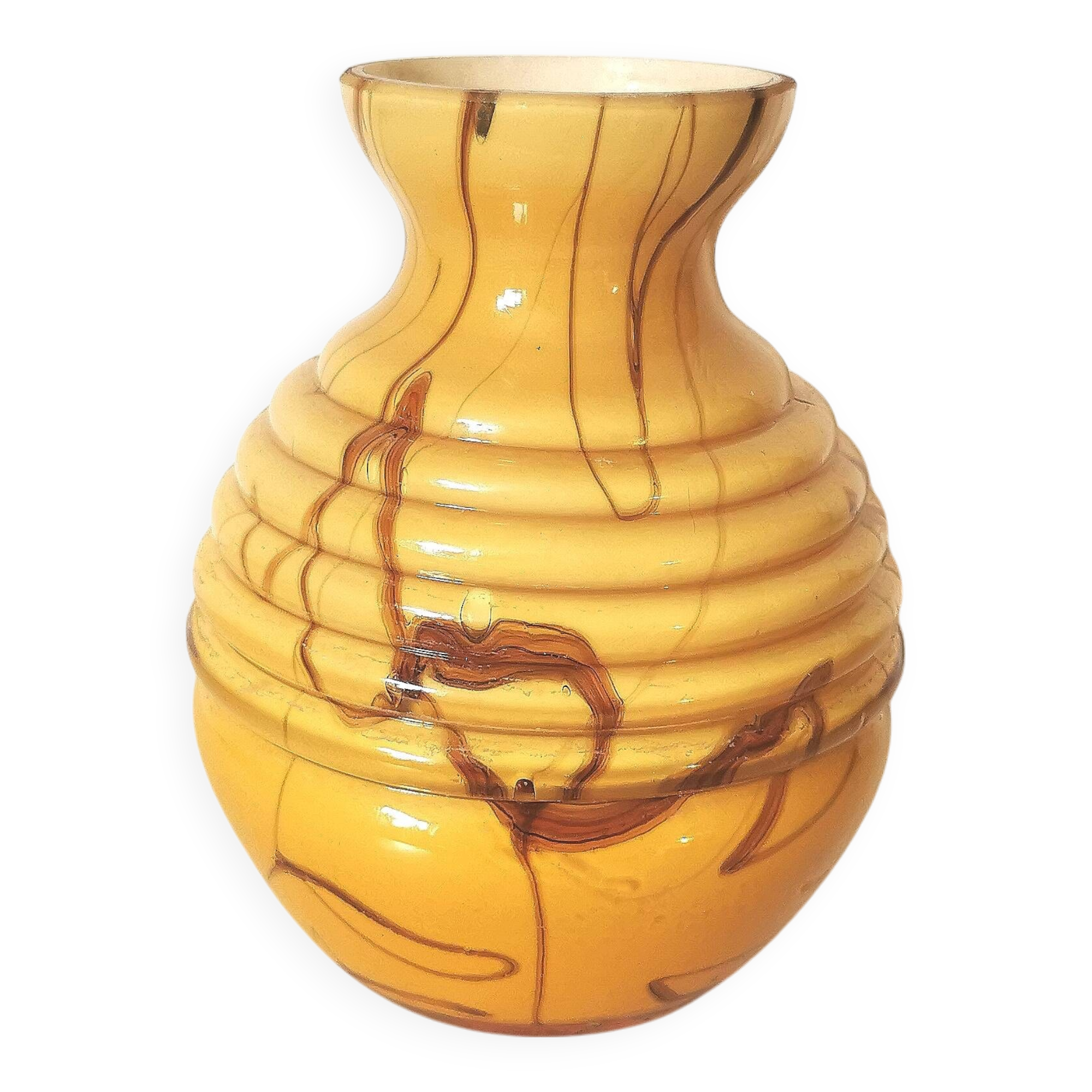 yellow and beige opaline vase from the 1950s